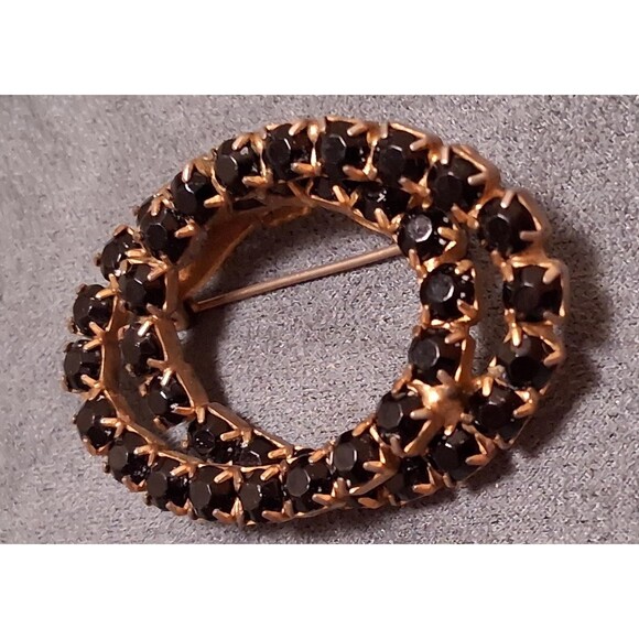 Vintage Black Rhinestone Interlocked Ovals Brooch Pin - Picture 2 of 3